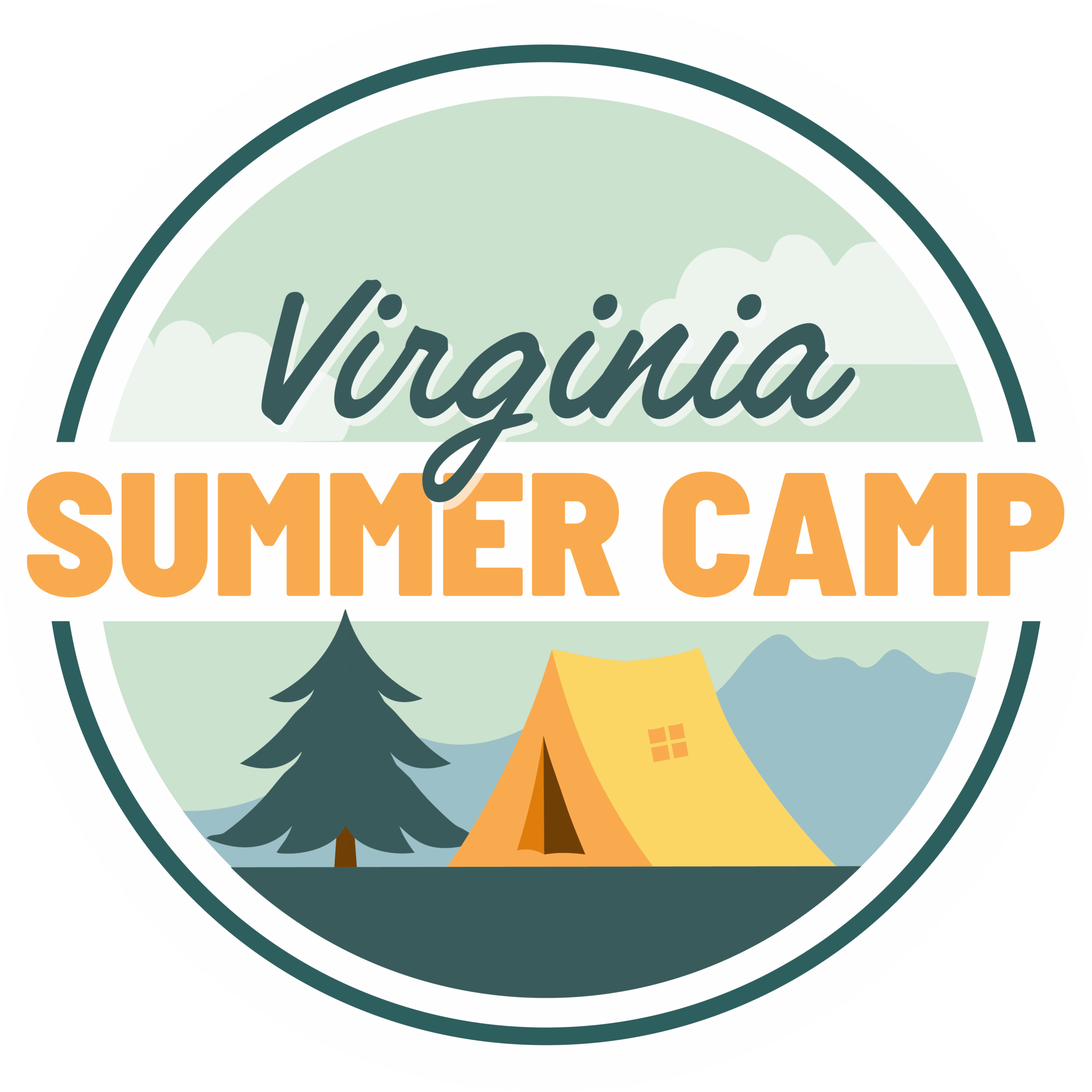 VirginiaSummerCamp.com Logo: Virginia's premier guide to day and overnight camps. Green circle around the words "Virginia Summer Camp" and a pine tree and an orange tent