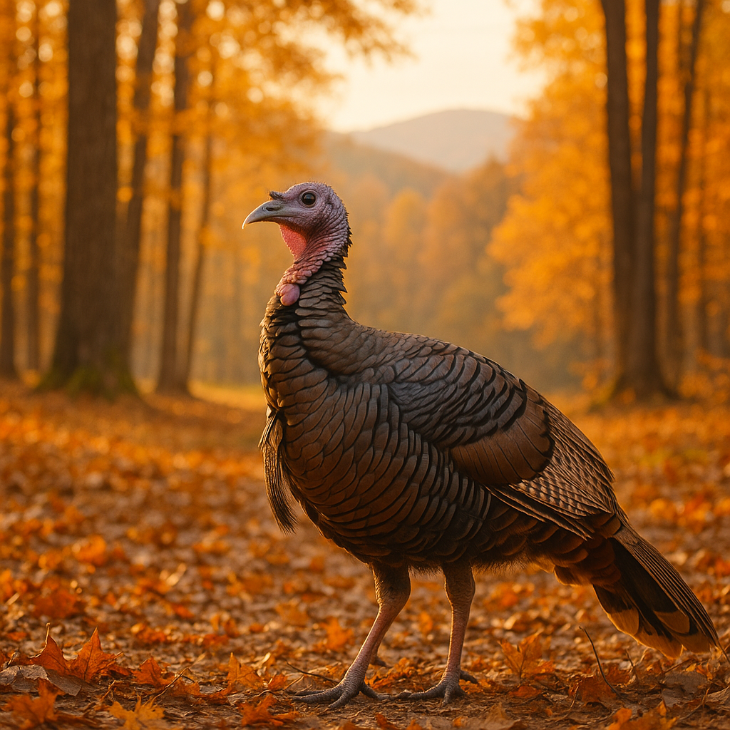 wild turkey in Virginia, on edge of woods with fall leaves and Blue Ridge Mountains in background