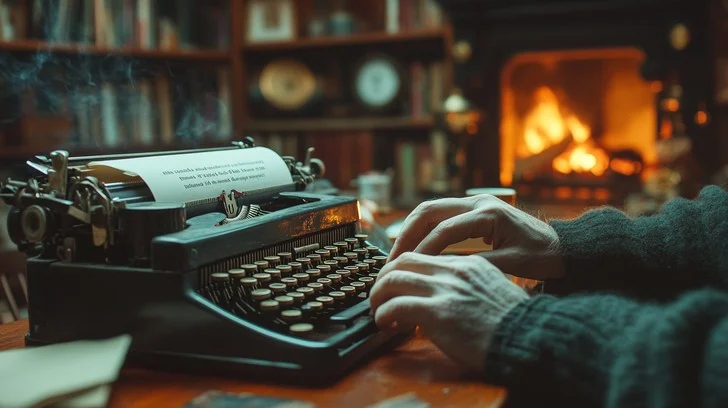 hands on vintage typewriter with fire in background
